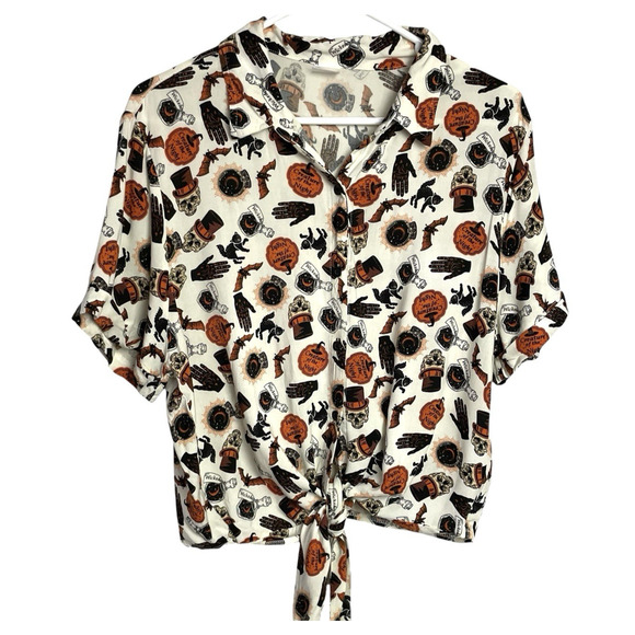 Spirit Halloween Crop Top Womens XL Button Up Tie Front Spooky Skull Witchy Bat - Picture 2 of 8